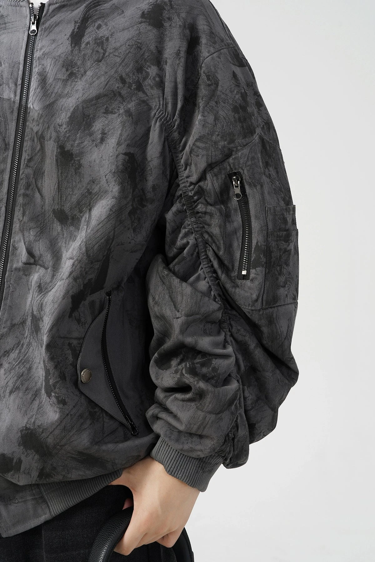 Abstract Print Bomber Jacket With Ruched Sleeve 9 Abstract Print Bomber Jacket With Ruched Sleeve - Image 9