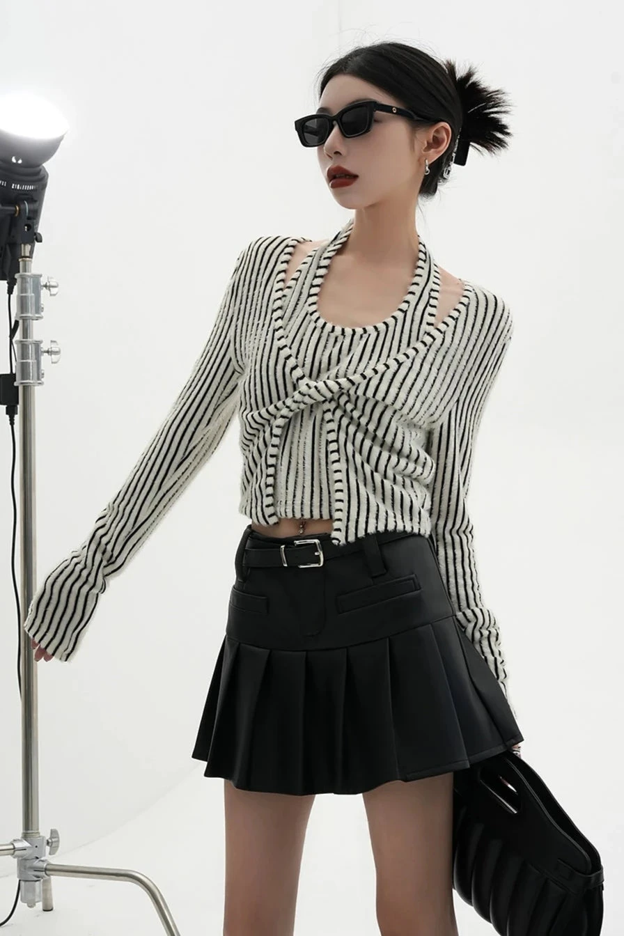 Stripe Halter Neck Knot Long Sleeve Blouse 4 Stripe Halter Neck Knot Long Sleeve Blouse - Image 4