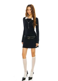 Mock Two Piece Long Sleeve Pleated Mini Dress -Modern Wear Shop 005217bb71b4515d647e4452269fd5db
