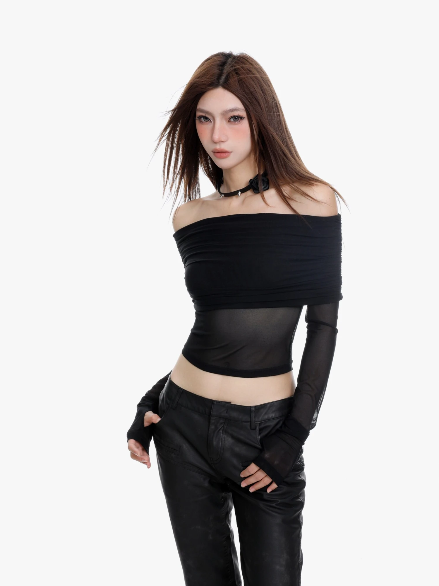 Off-Shoulder Layered Sheer Sleeve Crop Top 4 Off-Shoulder Layered Sheer Sleeve Crop Top - Image 4