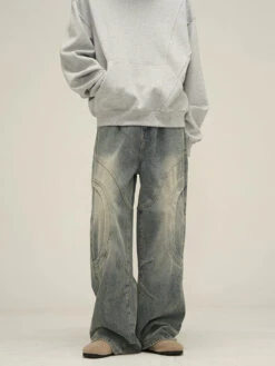 Vintage Sand Wash Wide-Leg Jeans With Stitch Detail