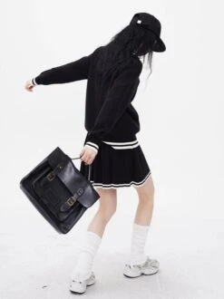 Contrast Trim Half Button Sweatshirt And Pleated Skirt Two-Piece Set -Modern Wear Shop 01122253116daedd8122b351442f9a68