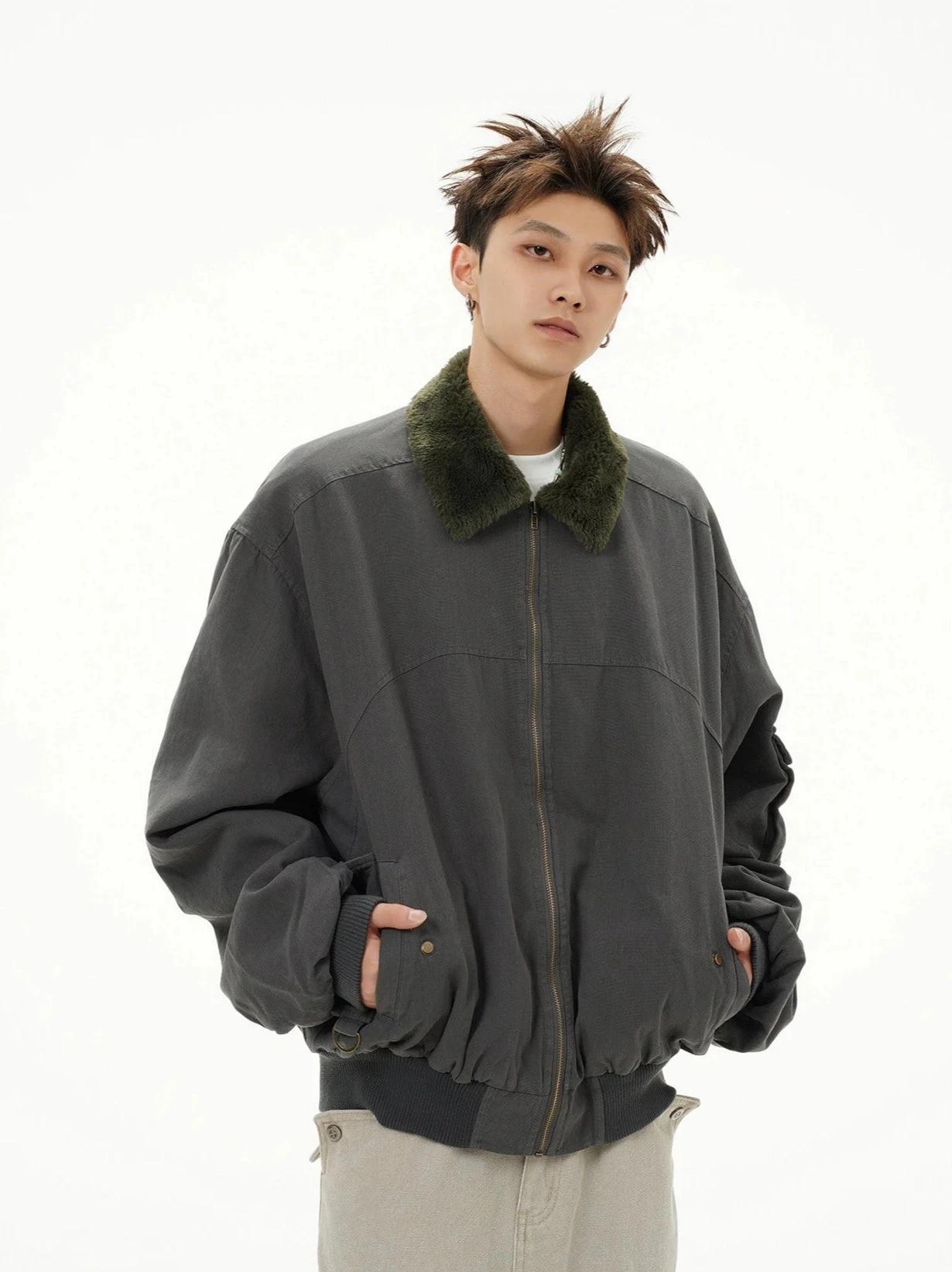 Fleece Lined Collar Zip-Up Bomber Jacket 3 Fleece Lined Collar Zip-Up Bomber Jacket - Image 3