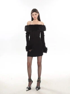 Off-Shoulder Faux Fur Trim Mini Dress -Modern Wear Shop 017b6c4222db7ab505cdf8740bb1ff0b
