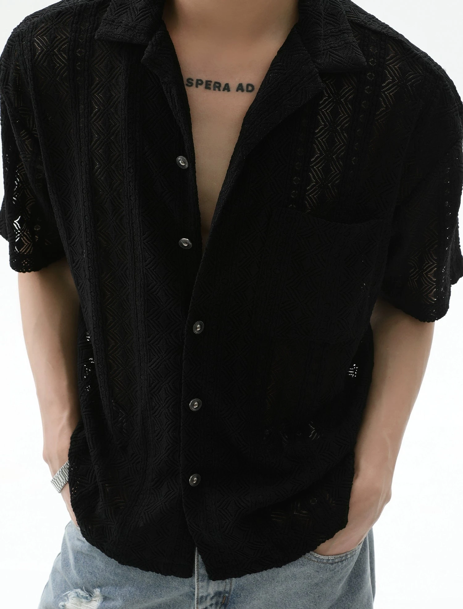 Button-Up Sheer Lace Shirt With Geometric Pattern 10 Button-Up Sheer Lace Shirt With Geometric Pattern - Image 10