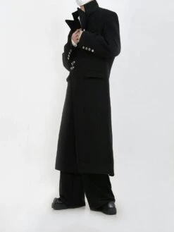 Oversized Velvet-Lapel Long Coat With Metal Buckles -Modern Wear Shop 01fd32bcae3679df9f12ed3df1d02063