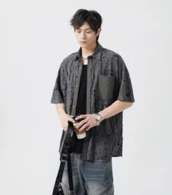 Slim Distressed Textured Button-Down Short Sleeve Shirt -Modern Wear Shop 01ff1d11f978f014e47dbf58eb305b5e