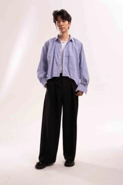 Striped Oversized Cropped Button-Up Shirt -Modern Wear Shop 0214