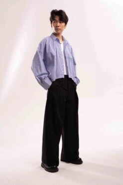 Striped Oversized Cropped Button-Up Shirt -Modern Wear Shop 0215