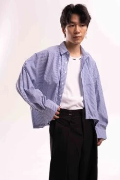 Striped Oversized Cropped Button-Up Shirt -Modern Wear Shop 0233