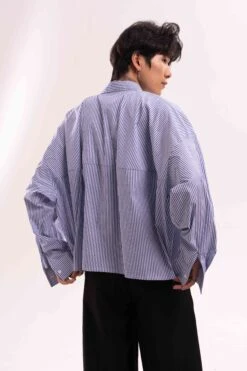 Striped Oversized Cropped Button-Up Shirt -Modern Wear Shop 0242