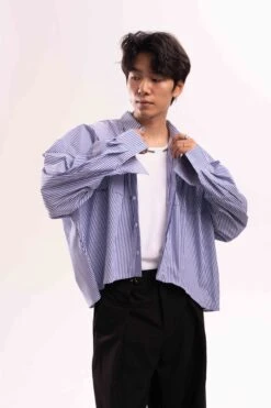 Striped Oversized Cropped Button-Up Shirt -Modern Wear Shop 0245