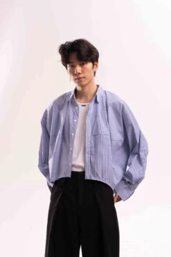Striped Oversized Cropped Button-Up Shirt -Modern Wear Shop 0248