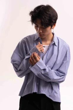 Striped Oversized Cropped Button-Up Shirt -Modern Wear Shop 0252