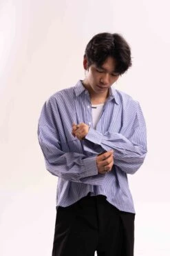 Striped Oversized Cropped Button-Up Shirt -Modern Wear Shop 0256