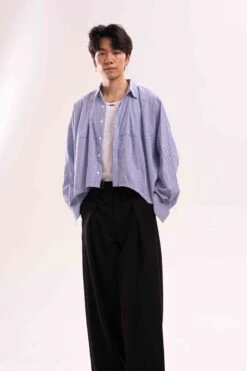 Striped Oversized Cropped Button-Up Shirt -Modern Wear Shop 0260