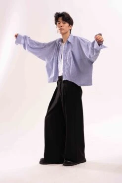 Striped Oversized Cropped Button-Up Shirt -Modern Wear Shop 0276