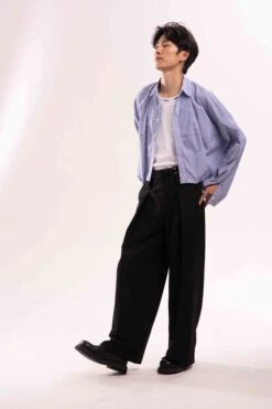 Striped Oversized Cropped Button-Up Shirt -Modern Wear Shop 0280