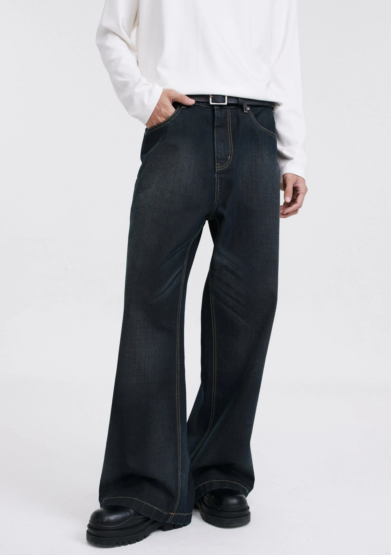 Wide Leg Dark Wash Wax Jeans With Contrast Stitching 3 Wide Leg Dark Wash Wax Jeans With Contrast Stitching - Image 3