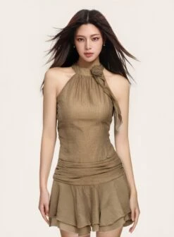 Halter Neck Textured Mini Dress With Rosette Detail