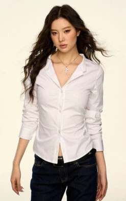 Button-Up Long Sleeve Shirt With Tapered Waist