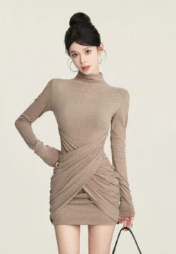 Turtleneck Ruched Criss Cross Long Sleeve Mini Dress