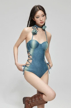 Denim Design Lace-Up One-Piece Swimsuit -Modern Wear Shop 03980bd36142da649316b32019664ee3