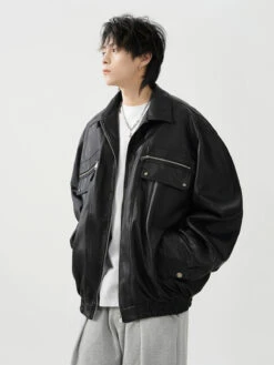 Oversized Leather Collared Bomber Jacket With Zip Pockets -Modern Wear Shop 03b81b29ffd6b84fef98a91d1a8bc1f3