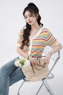 Stripe Cropped Ribbed Hem Cardigan -Modern Wear Shop 03bc1ebad43f149dbf4e93e224608b6b