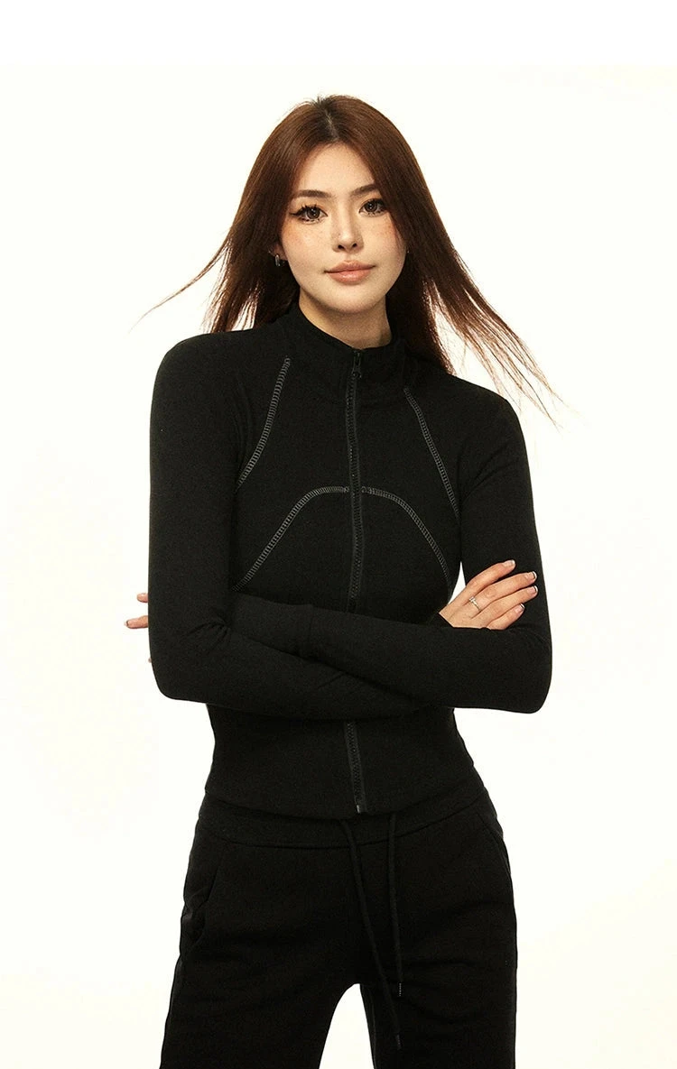 Skinny Mock Collar Contrast Stitch Zip Running Jacket 7 Skinny Mock Collar Contrast Stitch Zip Running Jacket - Image 7