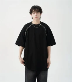 Oversized Black T-Shirt With Zipper Shoulder Detail