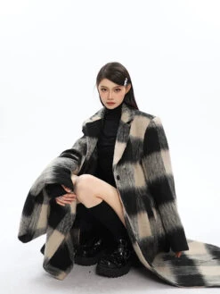Oversized Fuzzy Checkered Overcoat With Scarf Detail -Modern Wear Shop 041ed11000e2f618513422de3cbd7320