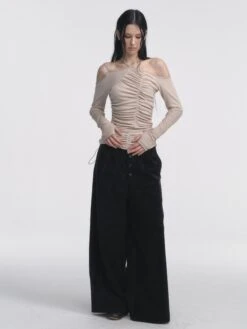 Asymmetric Ruched Off-Shoulder Long Thumbhole Sleeve Top -Modern Wear Shop 04256824d64878a1eff74182afd7dbc9