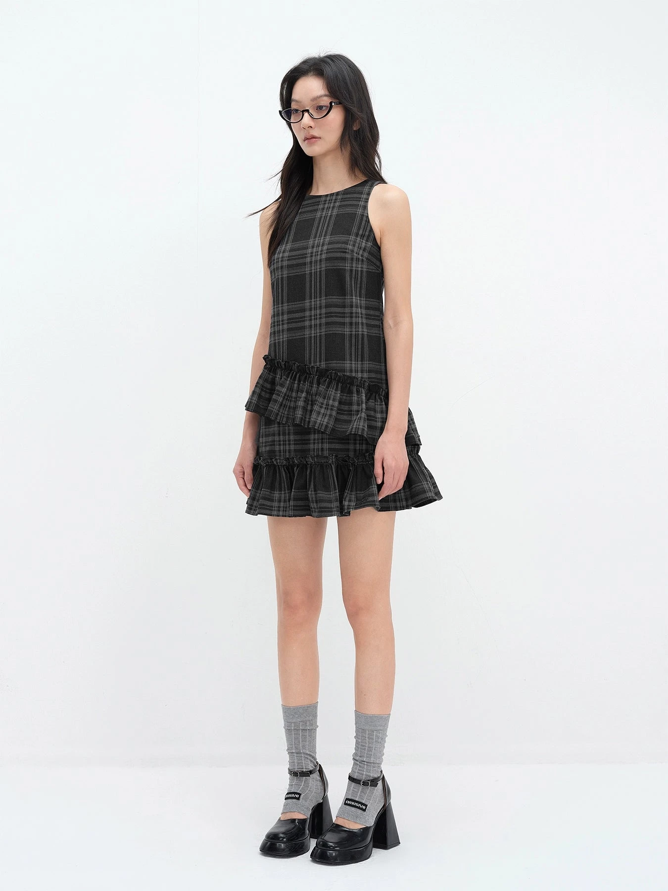 Sleeveless Plaid Asymmetric Tiered Ruffle Mini Dress 6 Sleeveless Plaid Asymmetric Tiered Ruffle Mini Dress - Image 6