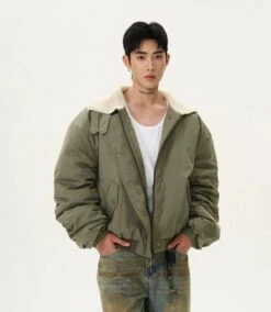 Sherpa Collar Bomber Jacket With Ruched Sleeves -Modern Wear Shop 04aa92bee4edb65d5c91f3f2b8437c19