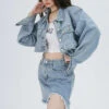 Cropped Denim Jacket And Distressed Hem Mini Skirt Two-Piece Set