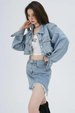 Cropped Denim Jacket And Distressed Hem Mini Skirt Two-Piece Set