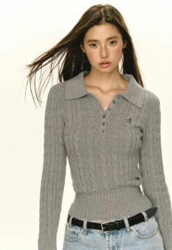 Half-Button Cable Knit Collared Pullover -Modern Wear Shop 05590a048a7423f04d89ef79dbda3dbd