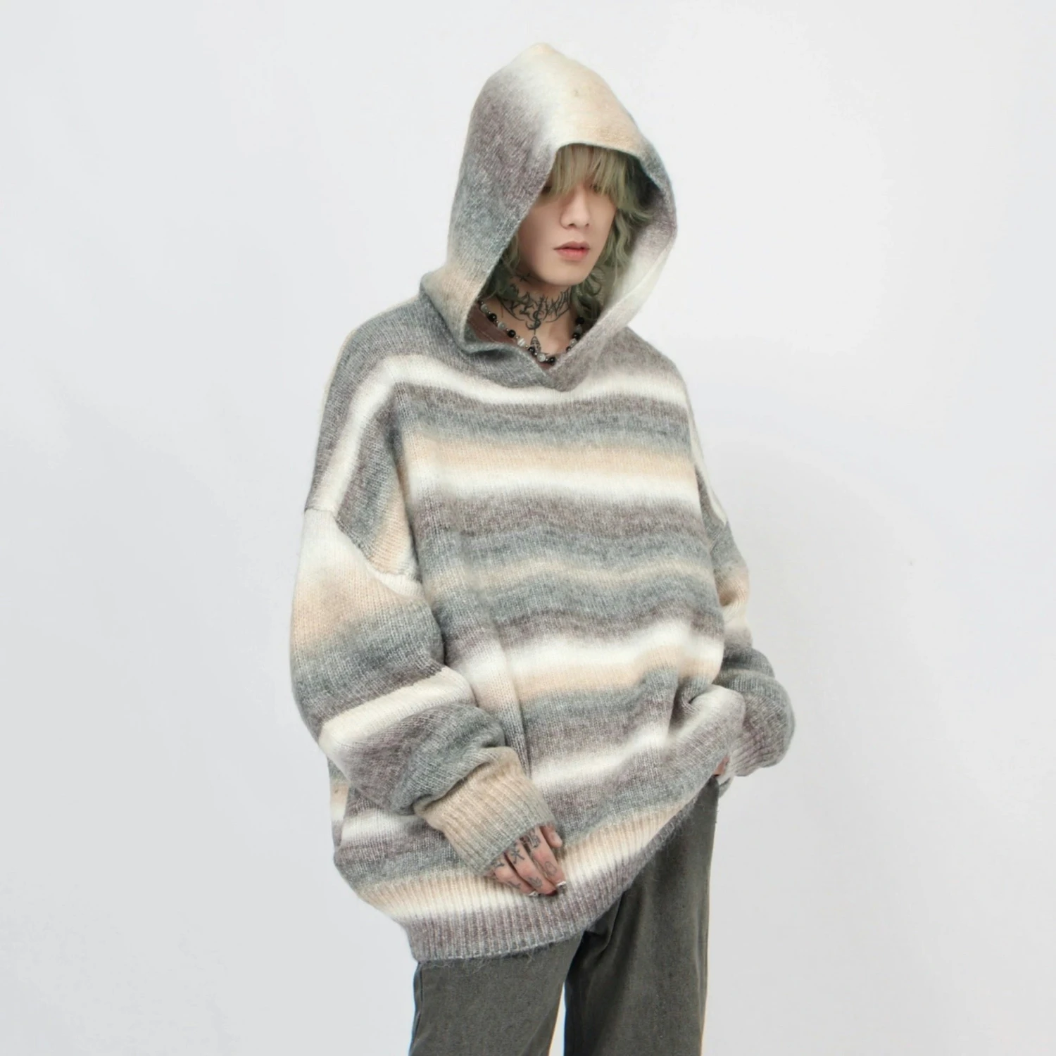Oversized Pastel Striped Ribbed Hem Hoodie Sweater 2 Oversized Pastel Striped Ribbed Hem Hoodie Sweater - Image 2