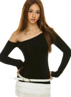 Asymmetric Off-Shoulder Long Sleeve Skinny Top -Modern Wear Shop 05937cc08e4a36b874440a6259a3e2b0