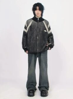 Ribbed High Collar Chevron-Pattern Zip-Up Jacket -Modern Wear Shop 05d6293966e73cea7949430a49f44d97