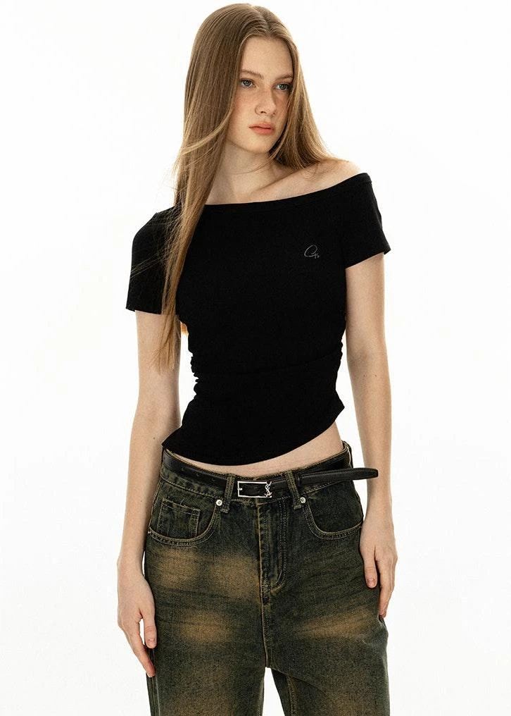 Asymmetric Neckline Slim Short Sleeve Crop Top 13 Asymmetric Neckline Slim Short Sleeve Crop Top - Image 13