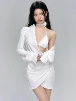 Ruched Bikini With Sarong And Sheer Shirt Cover-Up