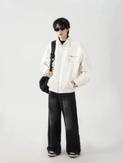 Oversized Leather Collared Bomber Jacket With Zip Pockets -Modern Wear Shop 063103dbddaf416912072328a1fb6056