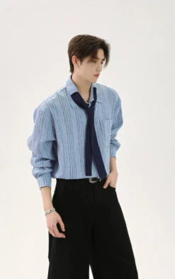 Textured Long Sleeve Button-Up Stripe Shirt With Chest Pocket And Necktie -Modern Wear Shop 065a54a75190677159f16b23254d80fb