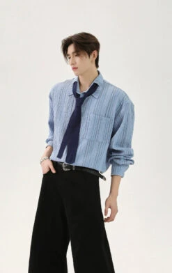 Textured Long Sleeve Button-Up Stripe Shirt With Chest Pocket And Necktie -Modern Wear Shop 06a84286228df6e05ec59aa1284179aa