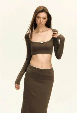 Skinny Bow-Detail Long Sleeve Crop Top And Maxi Skirt Two Piece Set -Modern Wear Shop 06ac5f986bd066b920176bc6dccee504