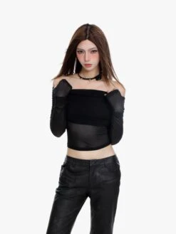 Off-Shoulder Layered Sheer Sleeve Crop Top 15 Off-Shoulder Layered Sheer Sleeve Crop Top -Modern Wear Shop 06bd9917284ab54bb39e239e113b8a84