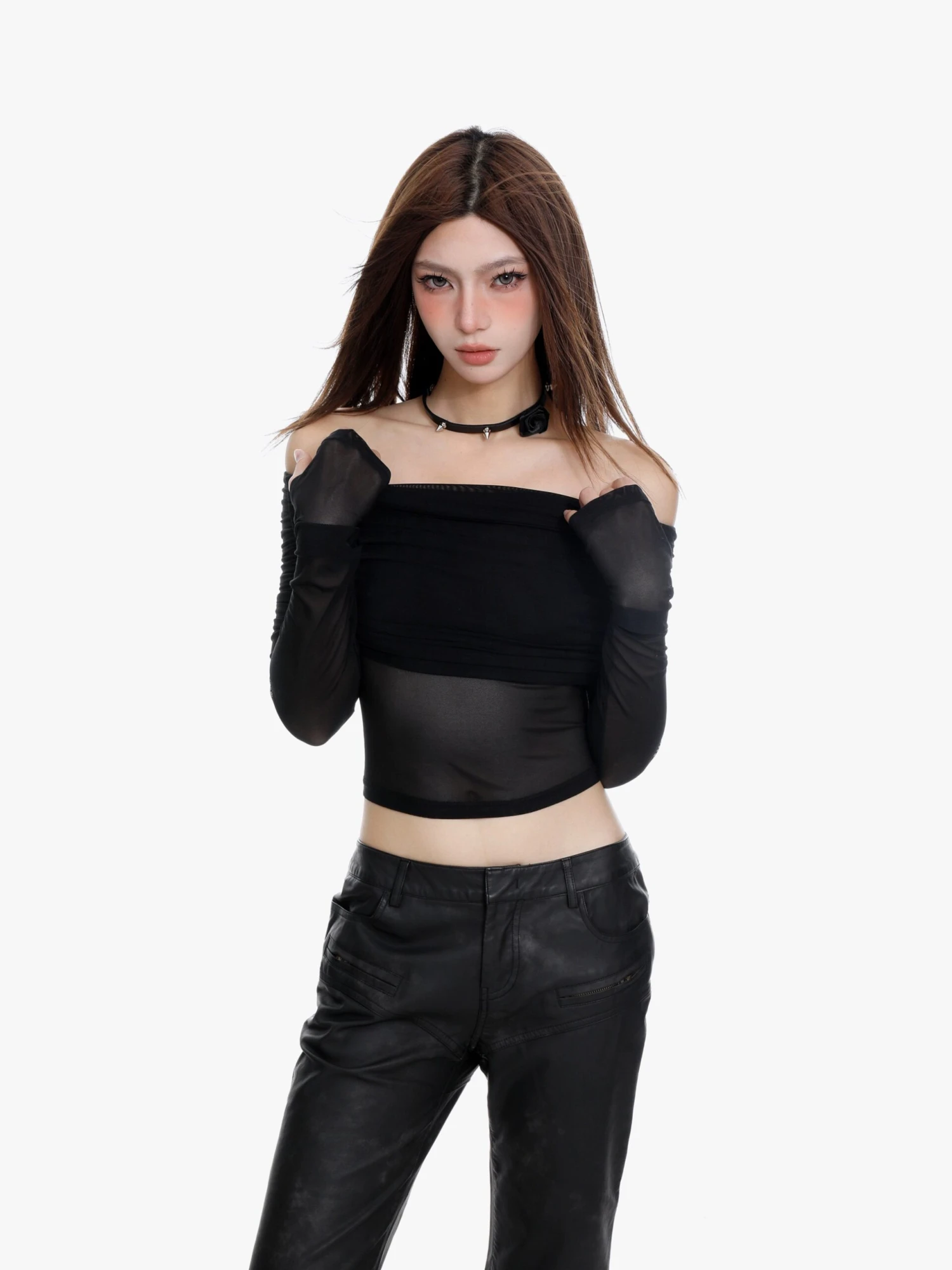 Off-Shoulder Layered Sheer Sleeve Crop Top 7 Off-Shoulder Layered Sheer Sleeve Crop Top - Image 7