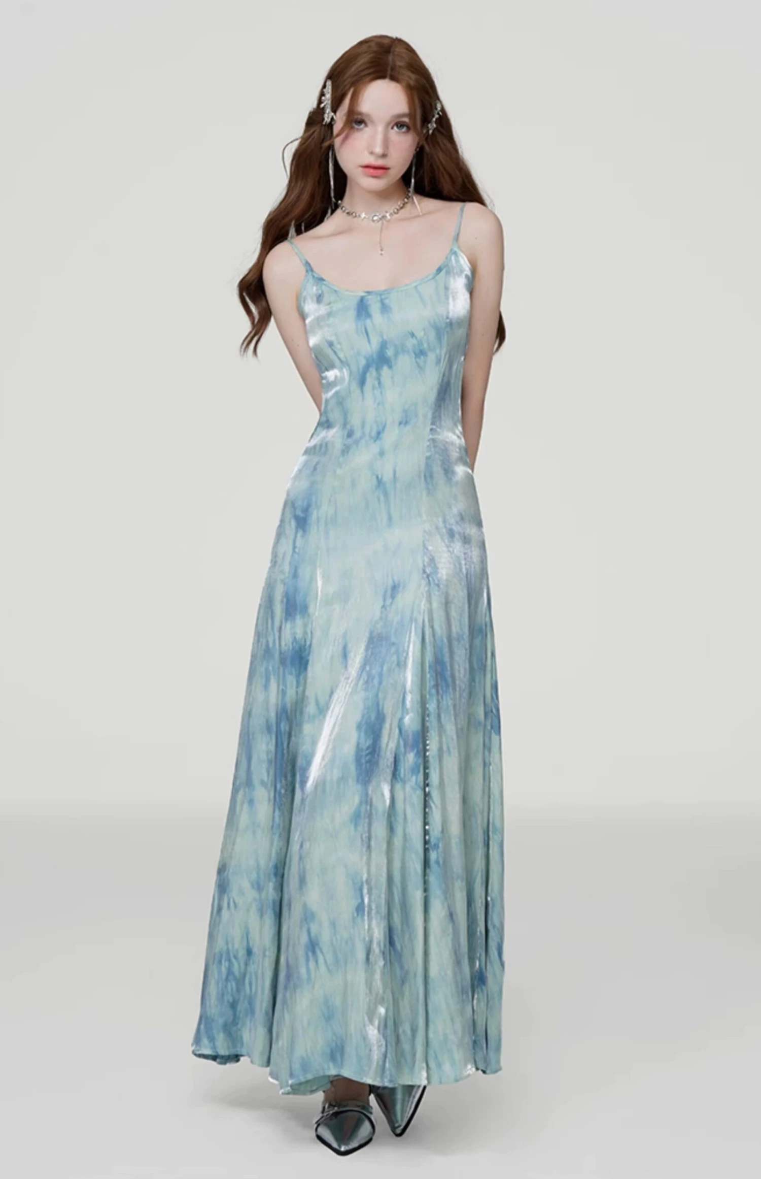 Iridescent Tie-Dye Spaghetti Strap Flared Maxi Dress 2 Iridescent Tie-Dye Spaghetti Strap Flared Maxi Dress - Image 2